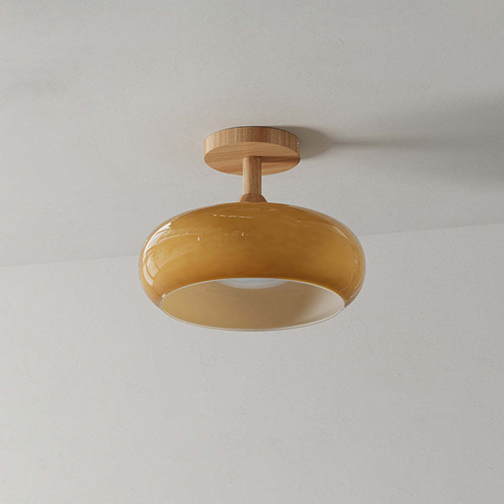 Amber Glass Flush Mount Ceiling Light with Wood Base