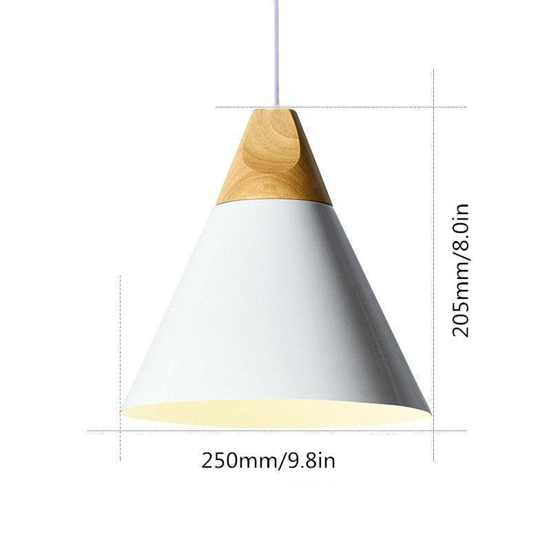 White cone pendant light with wood top, dimensions: 250mm x 205mm