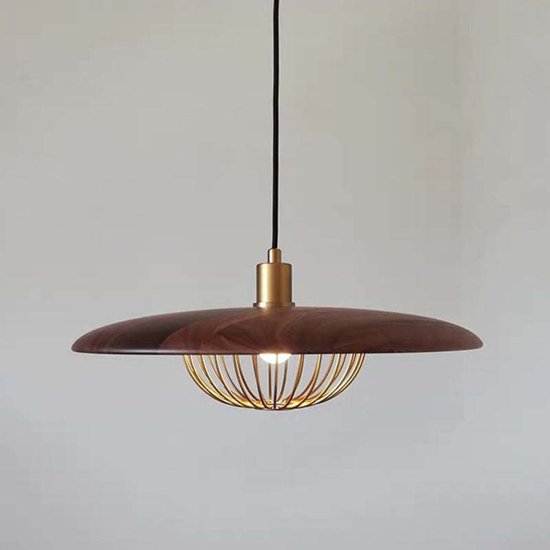 Cairns wood pendant light with metal cage.