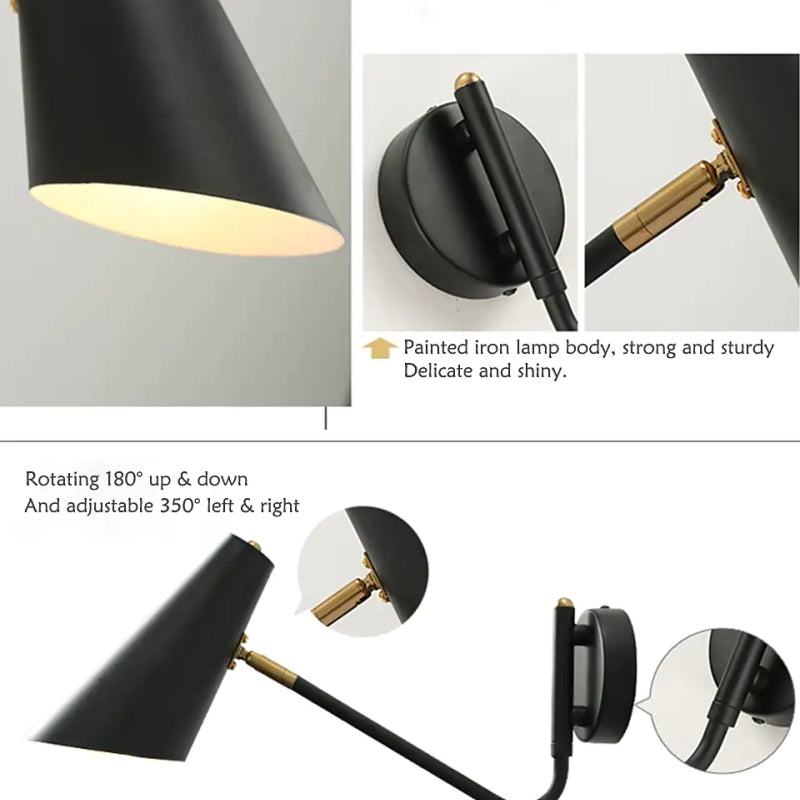 Brady black rotatable wall lamp details: metal body.