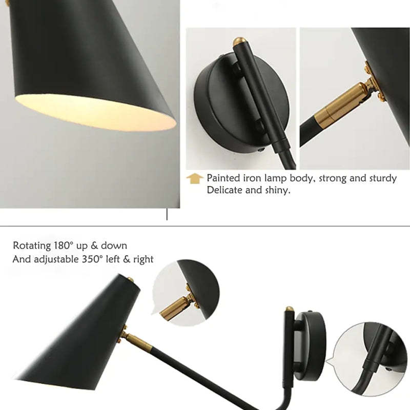 Brady black rotatable wall lamp details: metal body.