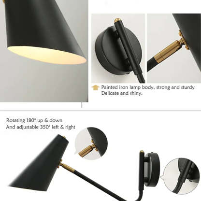 Brady black rotatable wall lamp details: metal body.