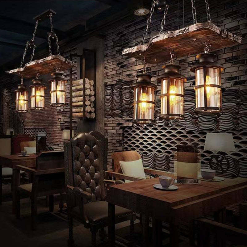 Retro 3-Light Wood & Metal Lantern Chandelier