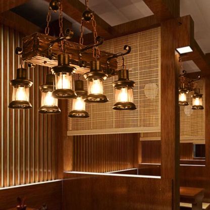 Austin Retro Chandelier: Rustic wood & metal pendant lighting