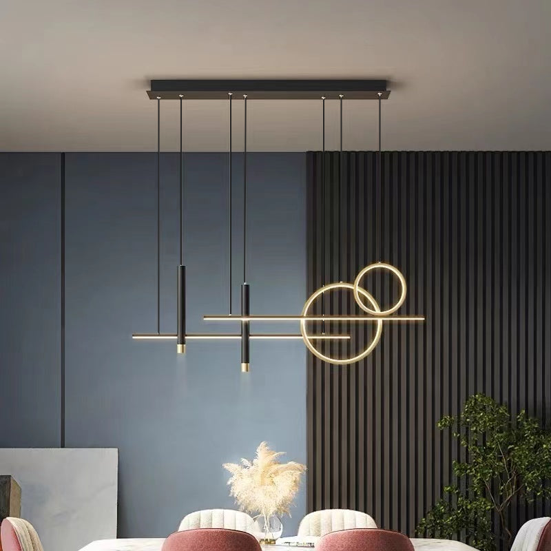Modern Pendant Light, double circle and linear design, gold and black