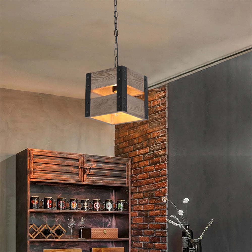 Retro square wood pendant light in rustic dining space