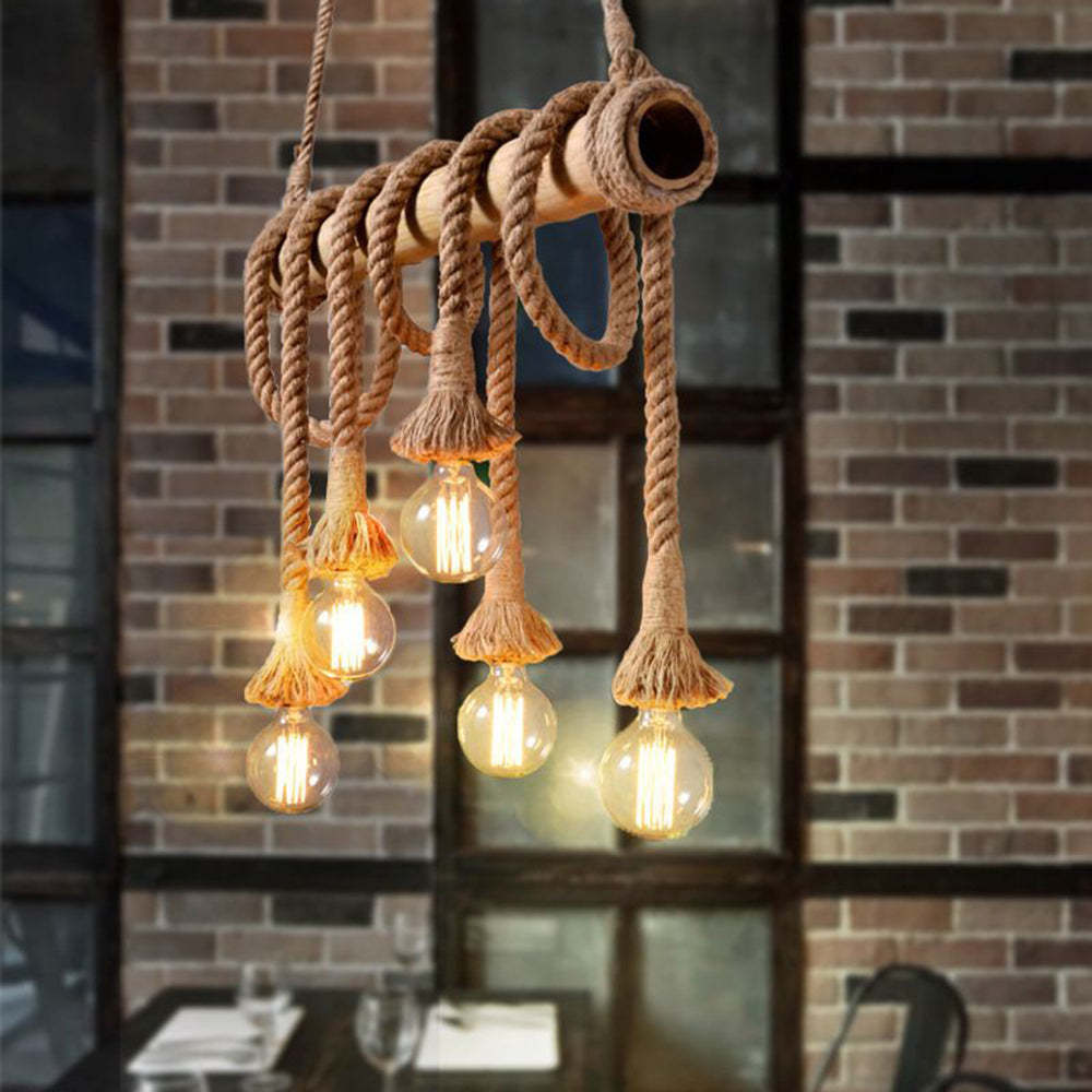 Alessio Vintage Pendant Light with Rope and Bamboo Details