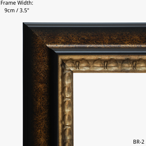 Close-up of an ornate gold frame for artwork, 9cm width.