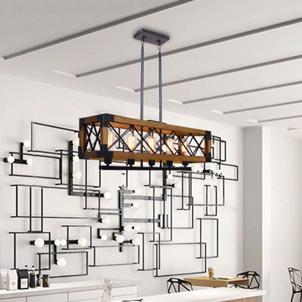 Industrial pendant light with wood frame and cage design