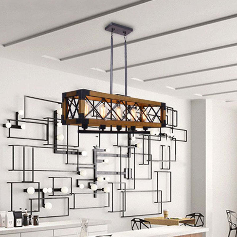 Industrial pendant light with wood frame and cage design