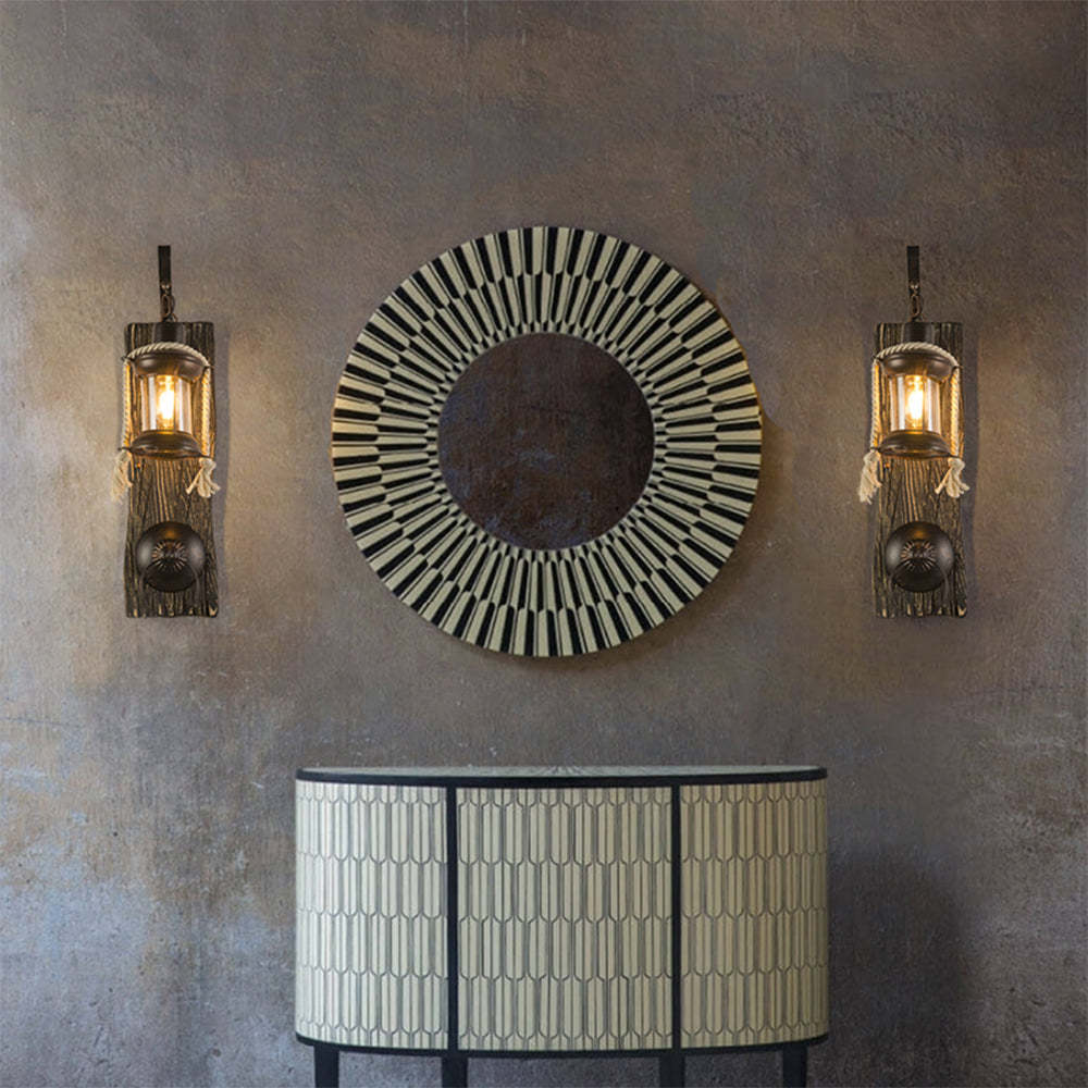 Retro lantern wall lamp. Alessio wooden bedroom lighting.
