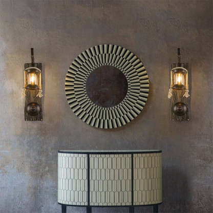 Retro lantern wall lamp. Alessio wooden bedroom lighting.