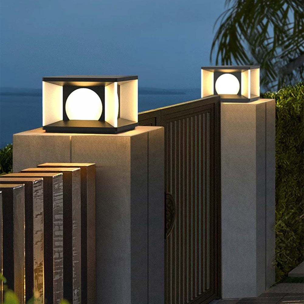 Elif Modern Square Metal Outdoor Light Post illuminating a garden