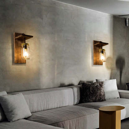 Austin vintage jar wall lamp. Wood & metal sconce on wall.