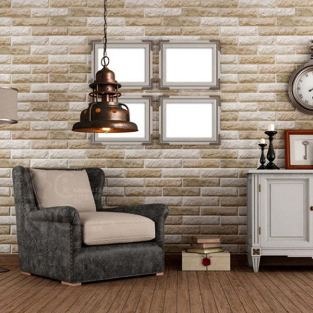 Brass pendant light in retro industrial style room.