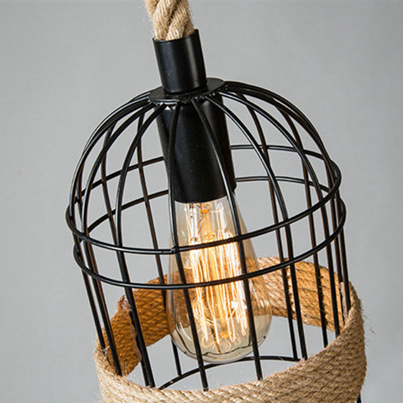 Epoch Retro LED Pendant Light: Black metal cage with rope detail
