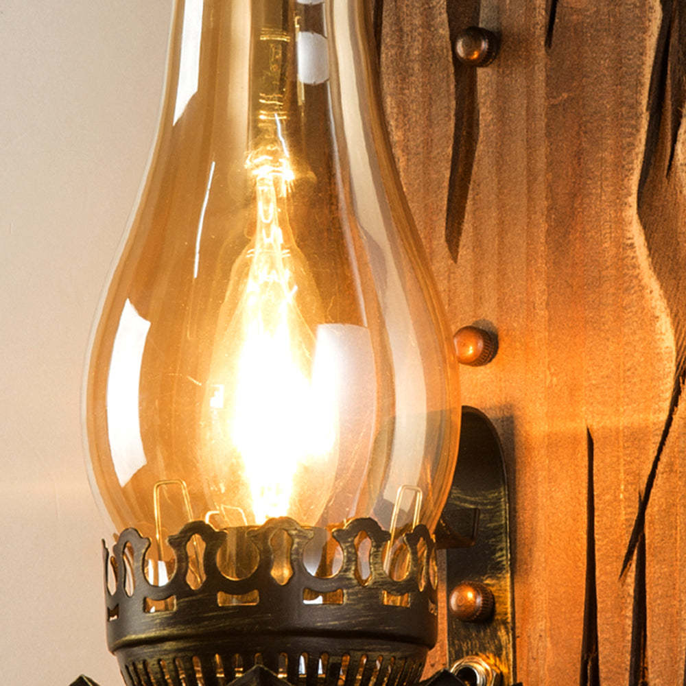 Vintage candle wall lamp. Rustic wooden and glass Austin style lighting.