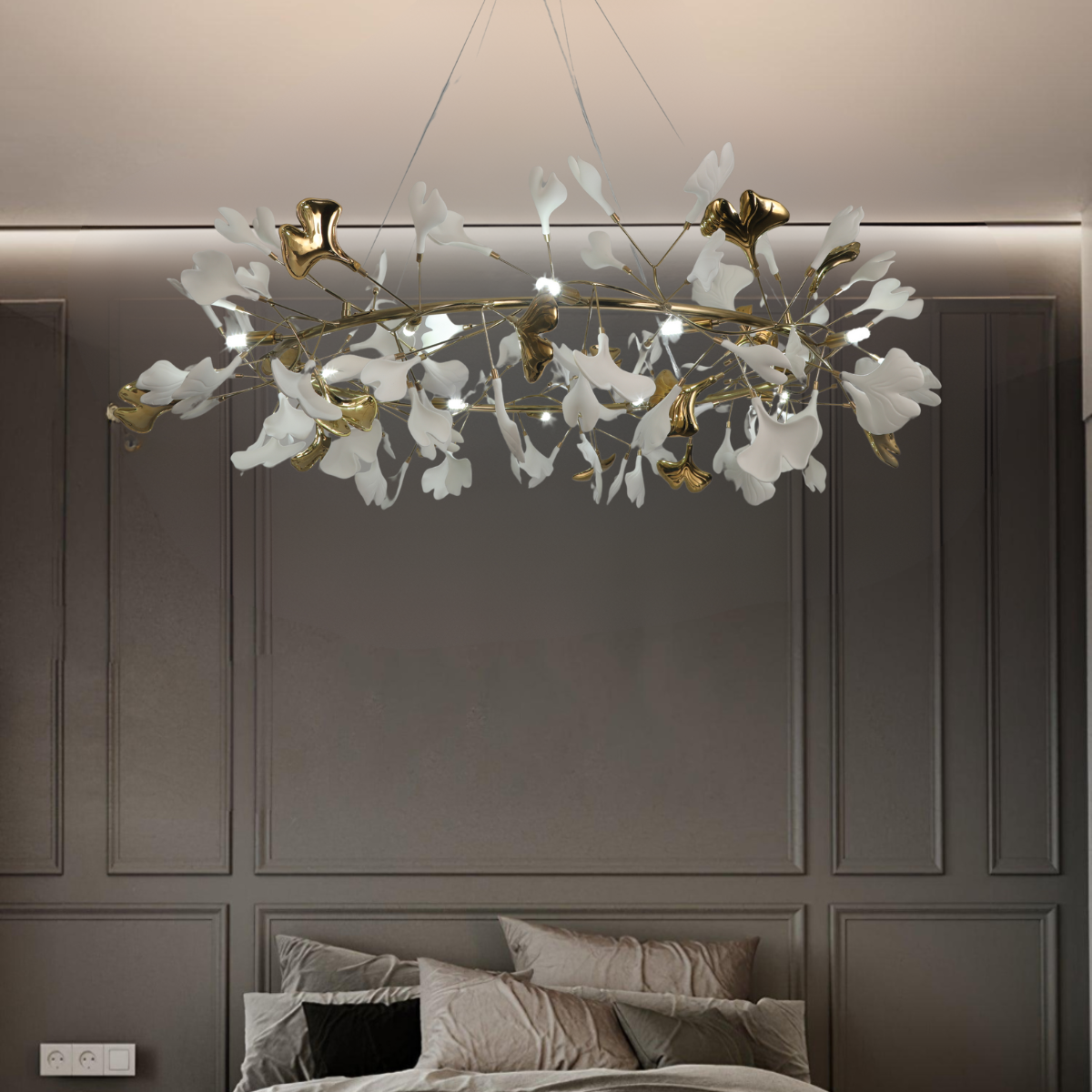 Olivia Chandelier above a bed in a modern bedroom setting