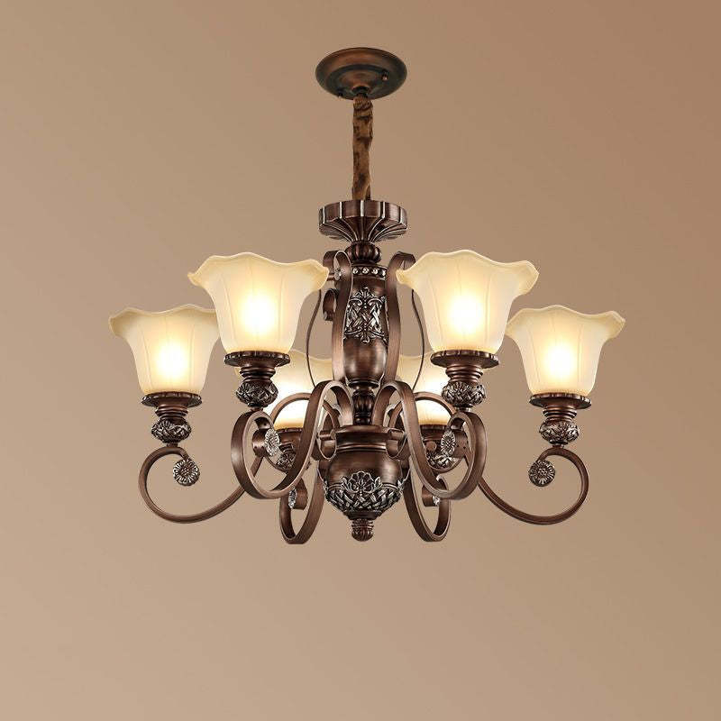Lily Retro Flower 5-Head Pendant Light, warm brown chandelier