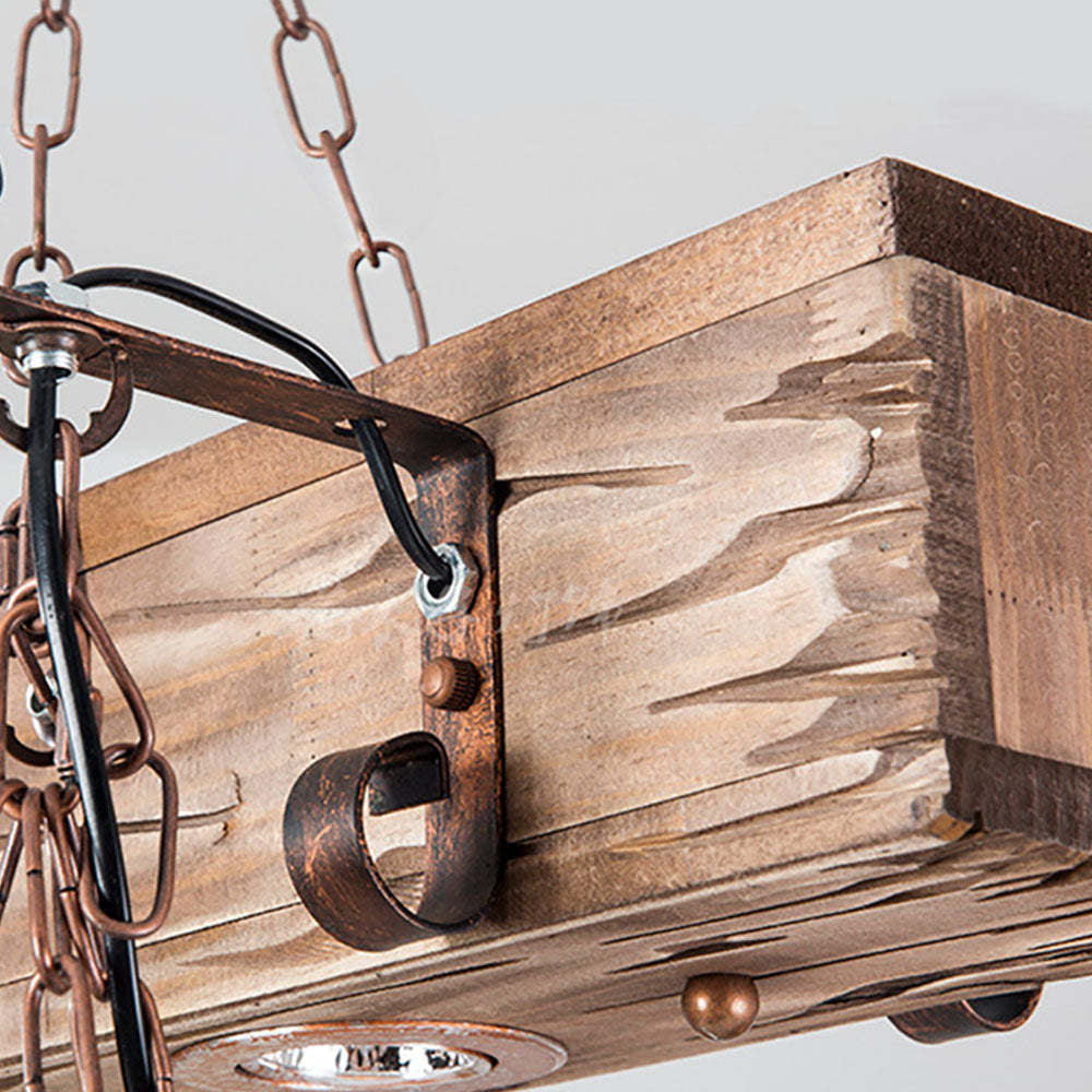 Bronze Austin pendant light with wood. Industrial lighting detail.