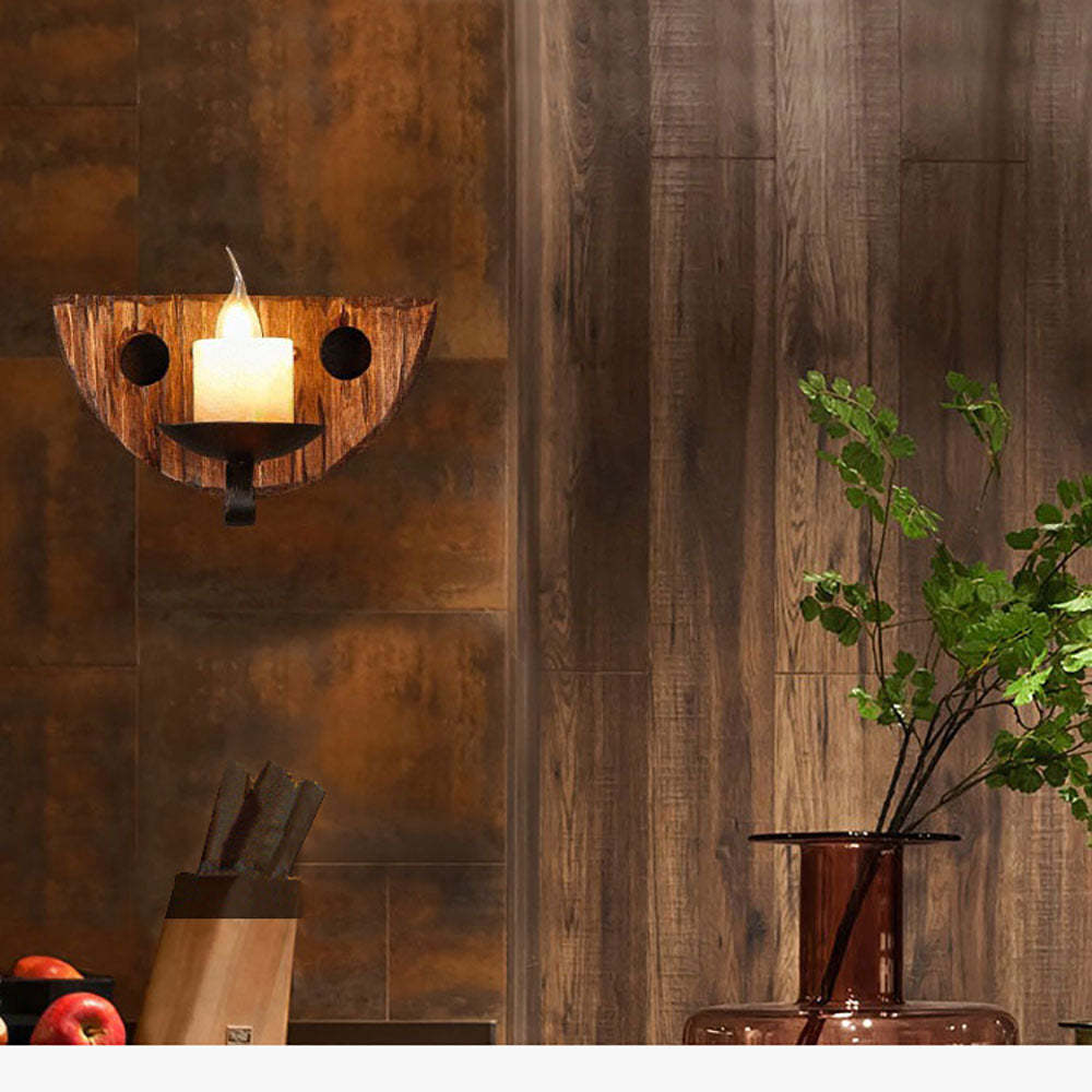 Vintage wood candle wall lamp. Rustic style lighting.
