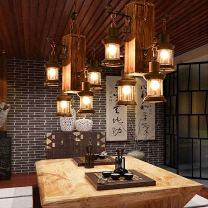 Rustic wood and metal lantern pendant light fixture