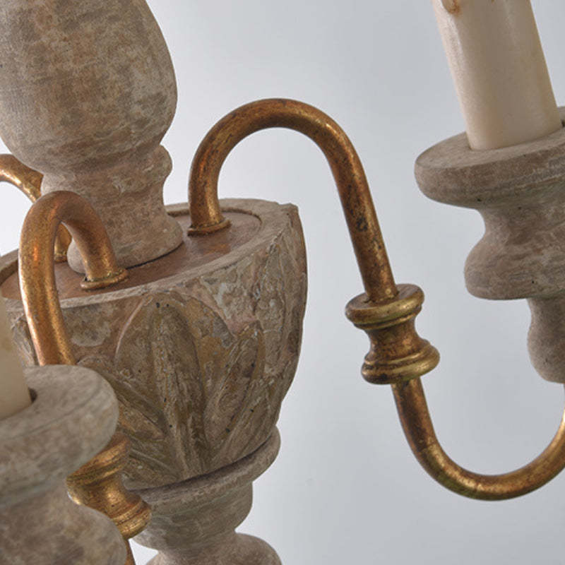 Rustic wood chandelier, candle lights detail