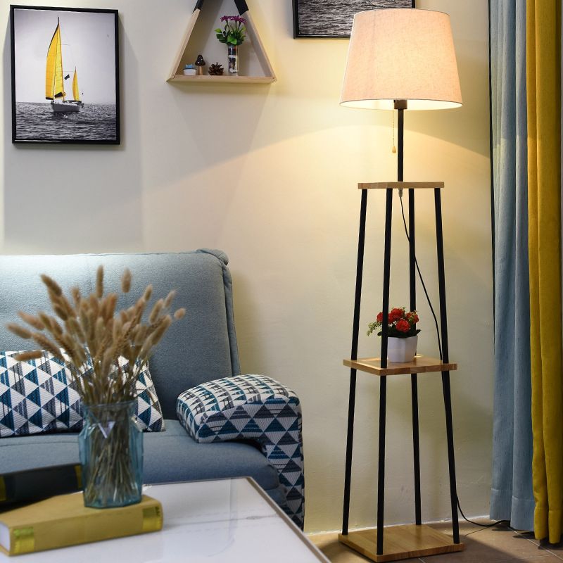 Eryn modern floor lamp with shelves and fabric shade