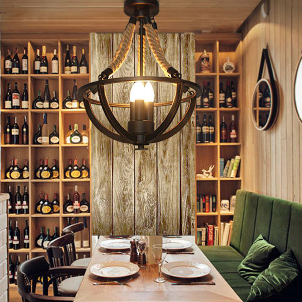 Metal & rope pendant light in dining room. Vintage style lighting.