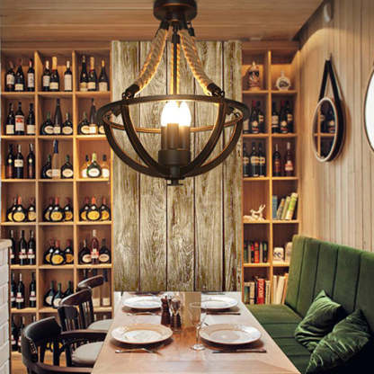 Metal & rope pendant light in dining room. Vintage style lighting.