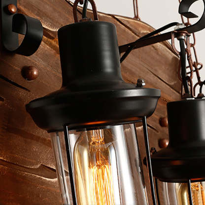 Close up guitar pendant light, rustic metal and wood fixture.