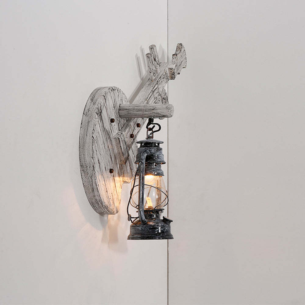 Rustic lantern wall lamp, pine wood and metal