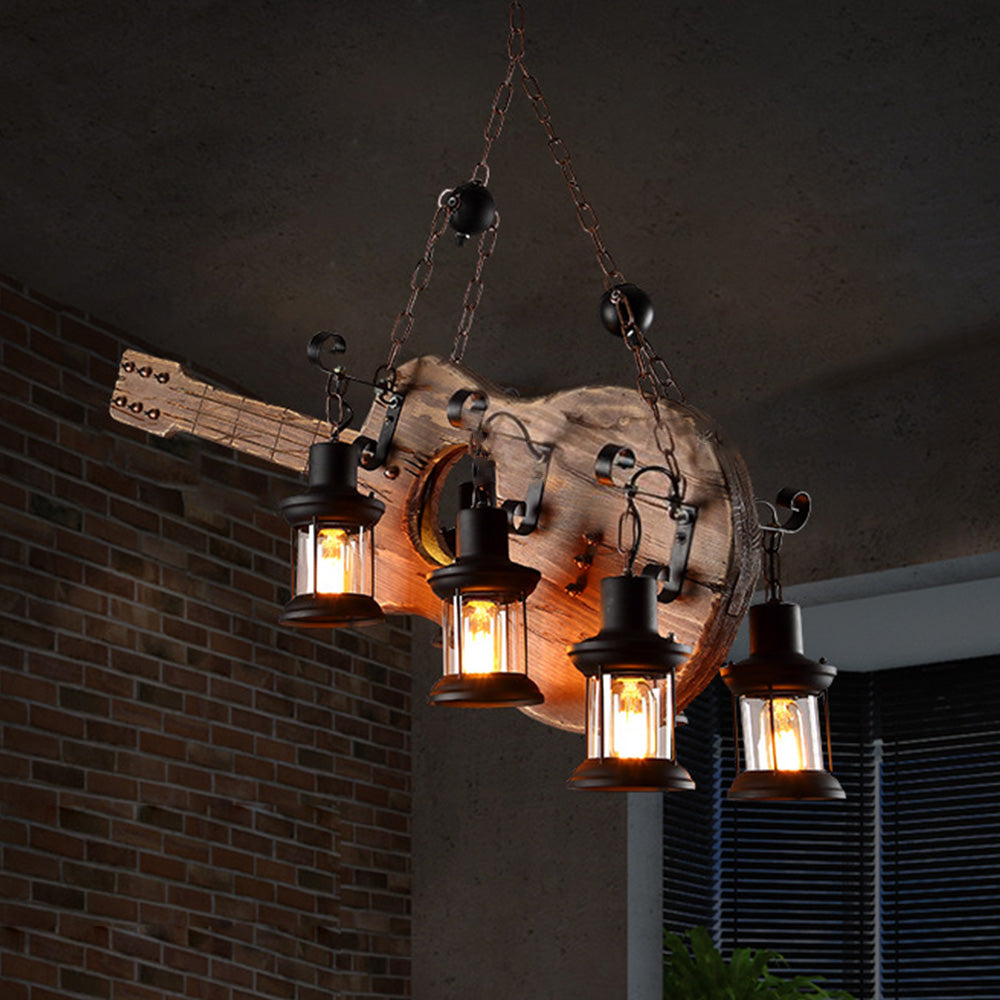Retro guitar pendant light with 4 lantern style bulbs.
