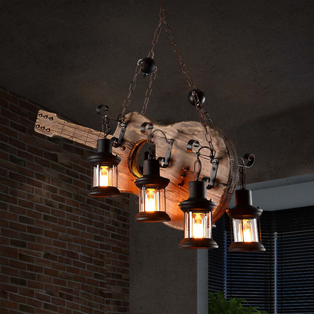 Retro guitar pendant light with 4 lantern style bulbs.