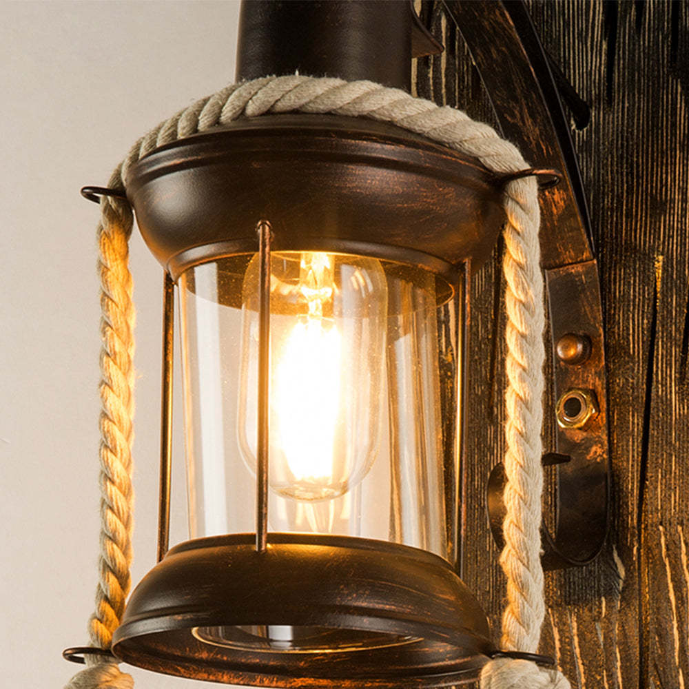 Retro lantern wall lamp. Alessio wooden bedroom lighting.