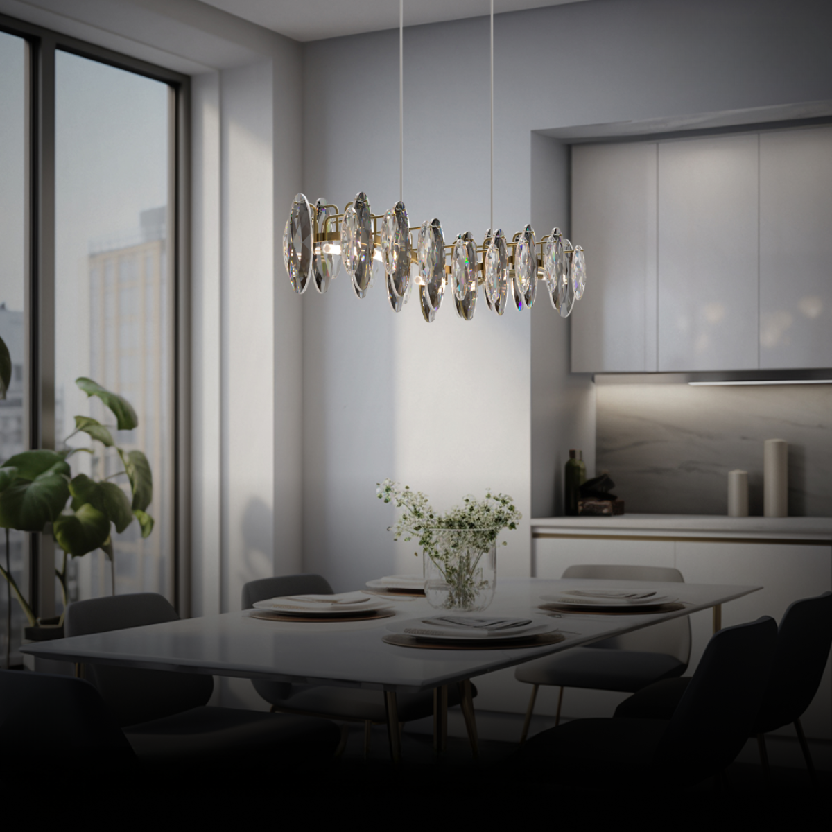 Marilyn Chandelier above dining table in modern home