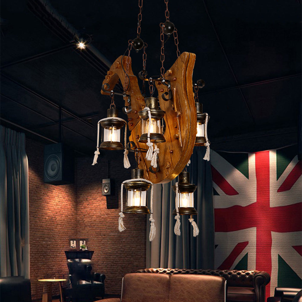 Saxophone pendant light with lanterns in a retro styled room.