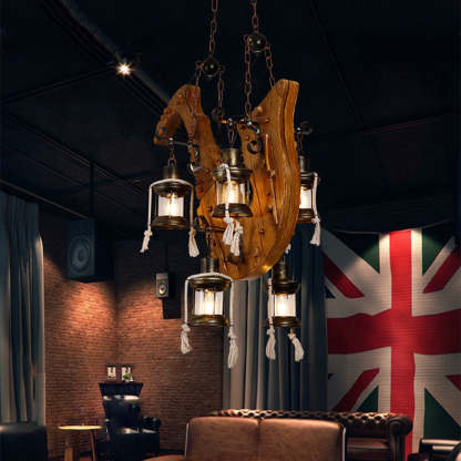 Saxophone pendant light with lanterns in a retro styled room.
