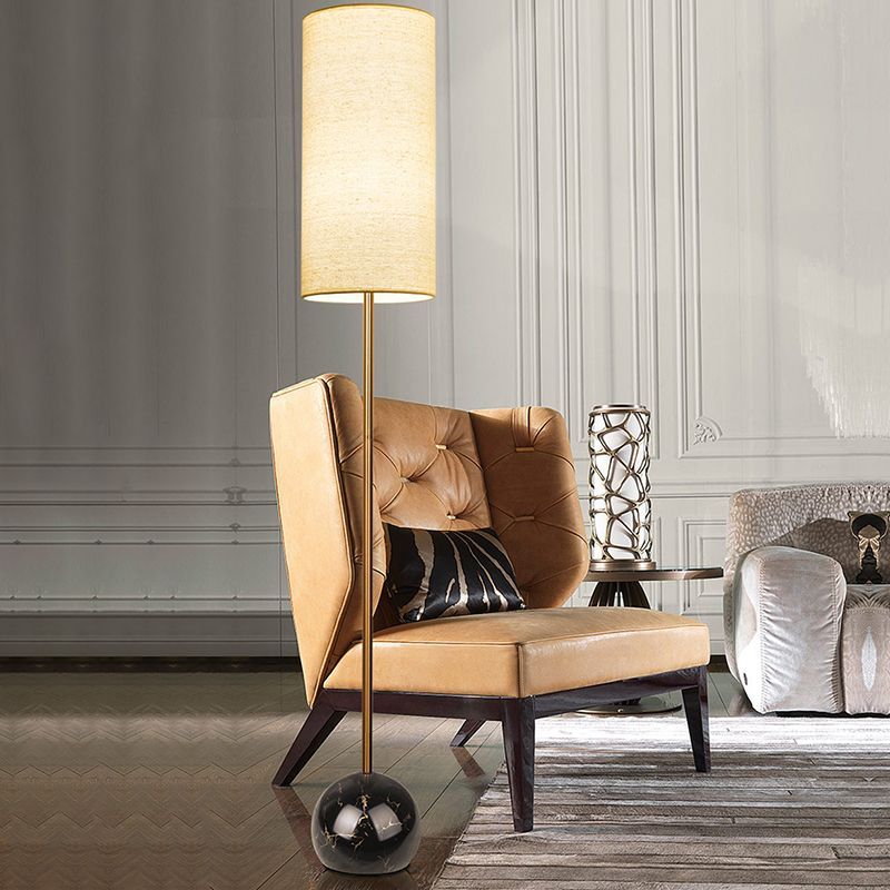 Eryn floor lamp, modern living room with leather armchair, Lassola