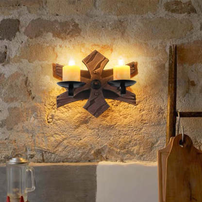 Vintage candle wall lamp. Rustic wooden double light fixture