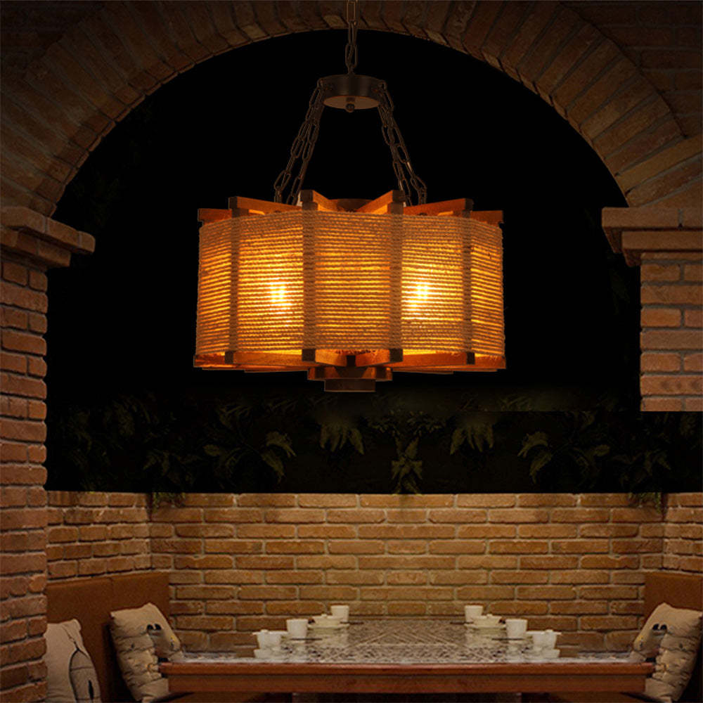 Cylindrical wood pendant light with rope shade