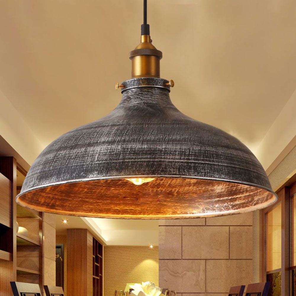 Alessio metal pendant light. Distressed bowl light for dining room.
