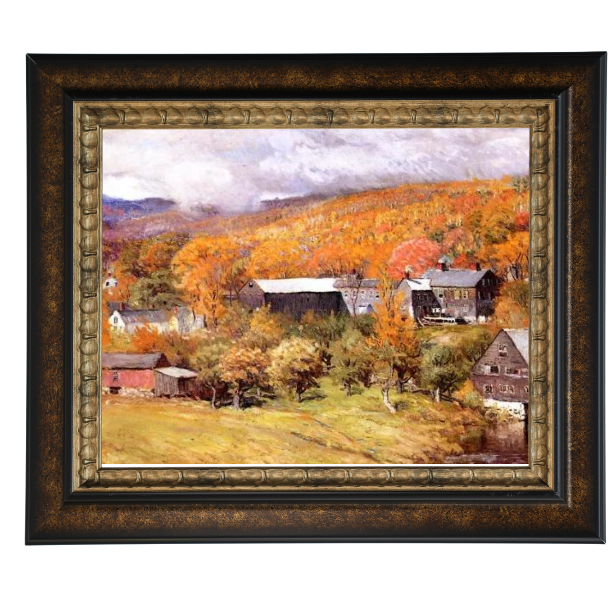 Autumn landscape painting in a gold frame