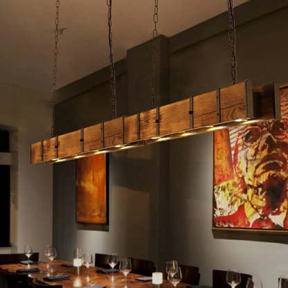 Alessio Vintage Linear Wood Pendant Light over dining table