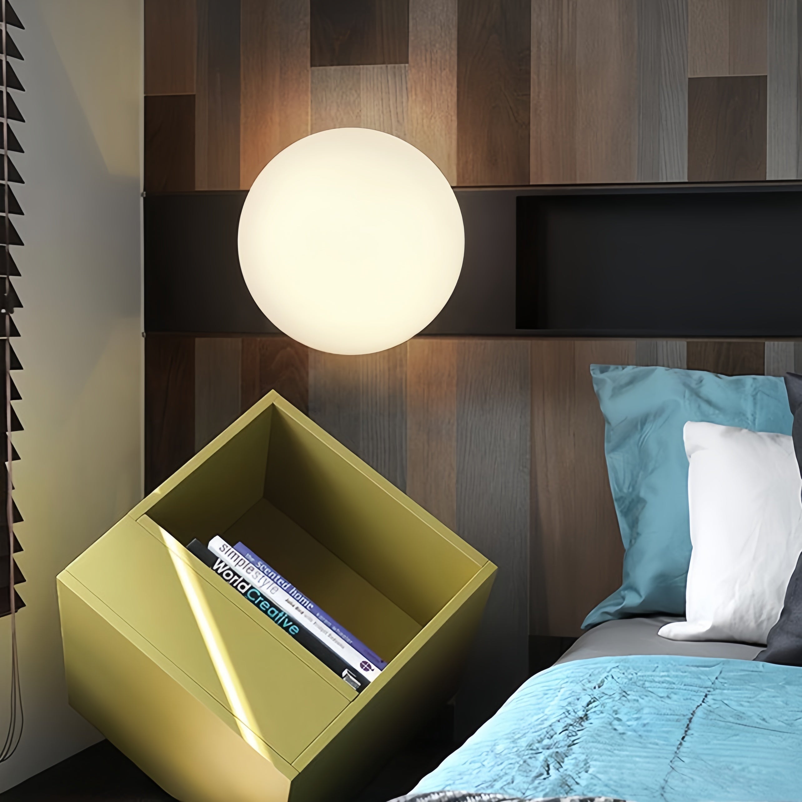 Bedroom with bubble sphere ceiling light and modern decor