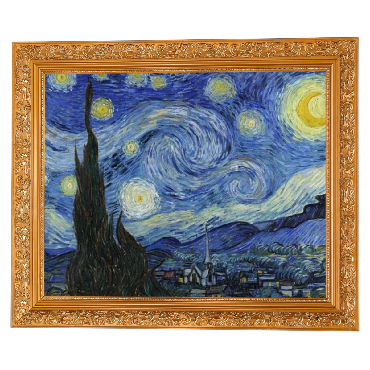 Starry Night painting reproduction in a gold frame