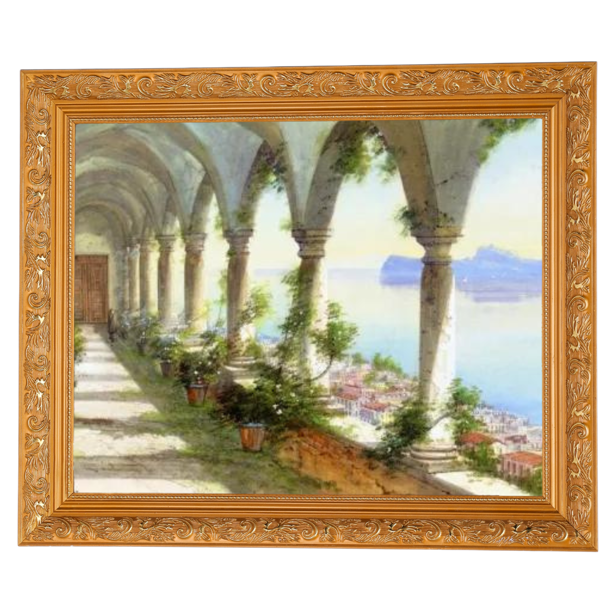 Capri Island painting framed, Italian colonnade view