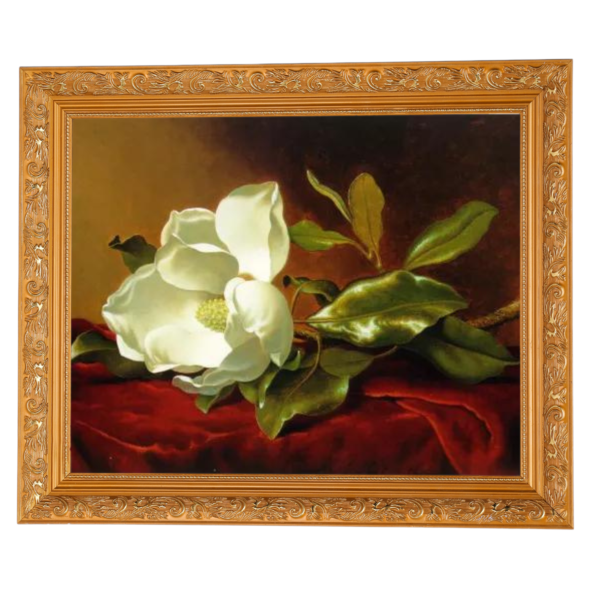 Magnolia flower oil painting on red velvet, framed artwork for bedroom