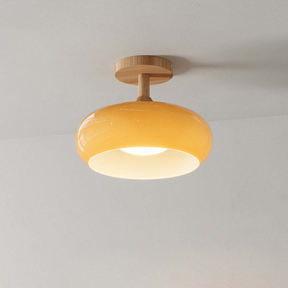Amber glass flush mount ceiling light with wood base