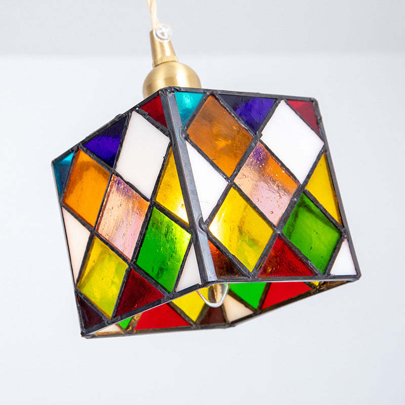 Hailie Retro LED Pendant Light with colorful geometric glass shade